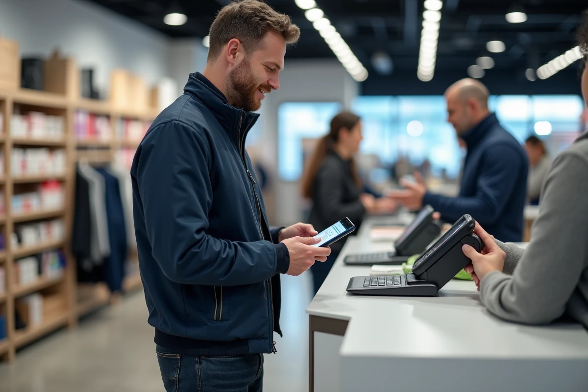 Client utilisant une application de cashback lors d'un paiement en magasin au terminal de caisse