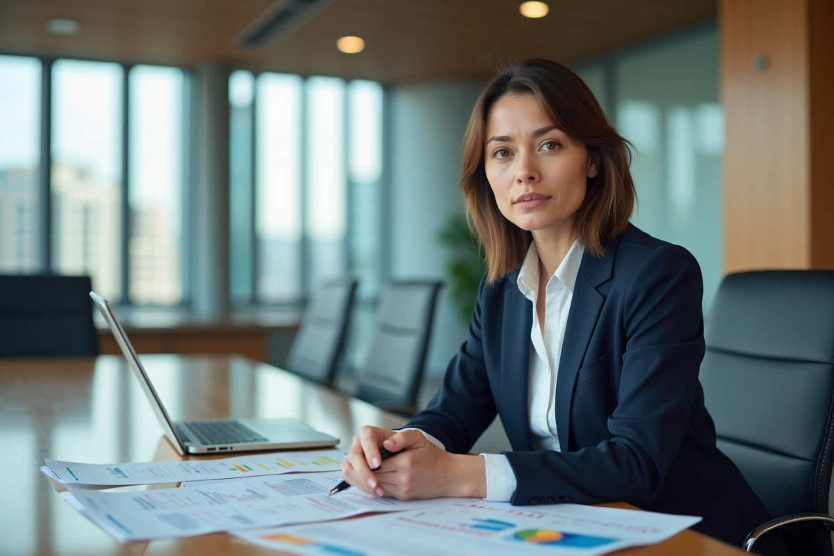 Analyste financière évaluant des rapports de valorisation minière dans un bureau moderne