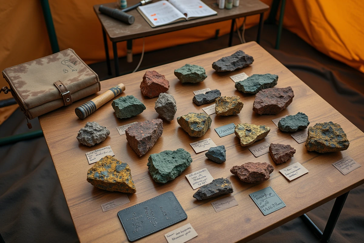 Échantillons de carottes minérales et rapports d'analyse sur une table de terrain lors d'une exploration minière
