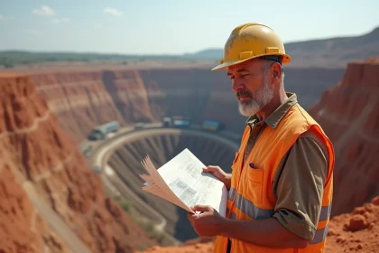 Ingénieur minier étudiant des documents géologiques au bord d'une mine à ciel ouvert de cuivre