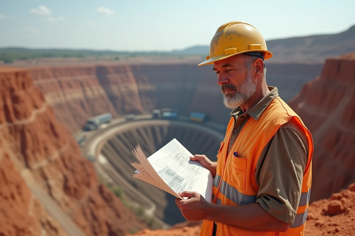 Ingénieur minier étudiant des documents géologiques au bord d'une mine à ciel ouvert de cuivre