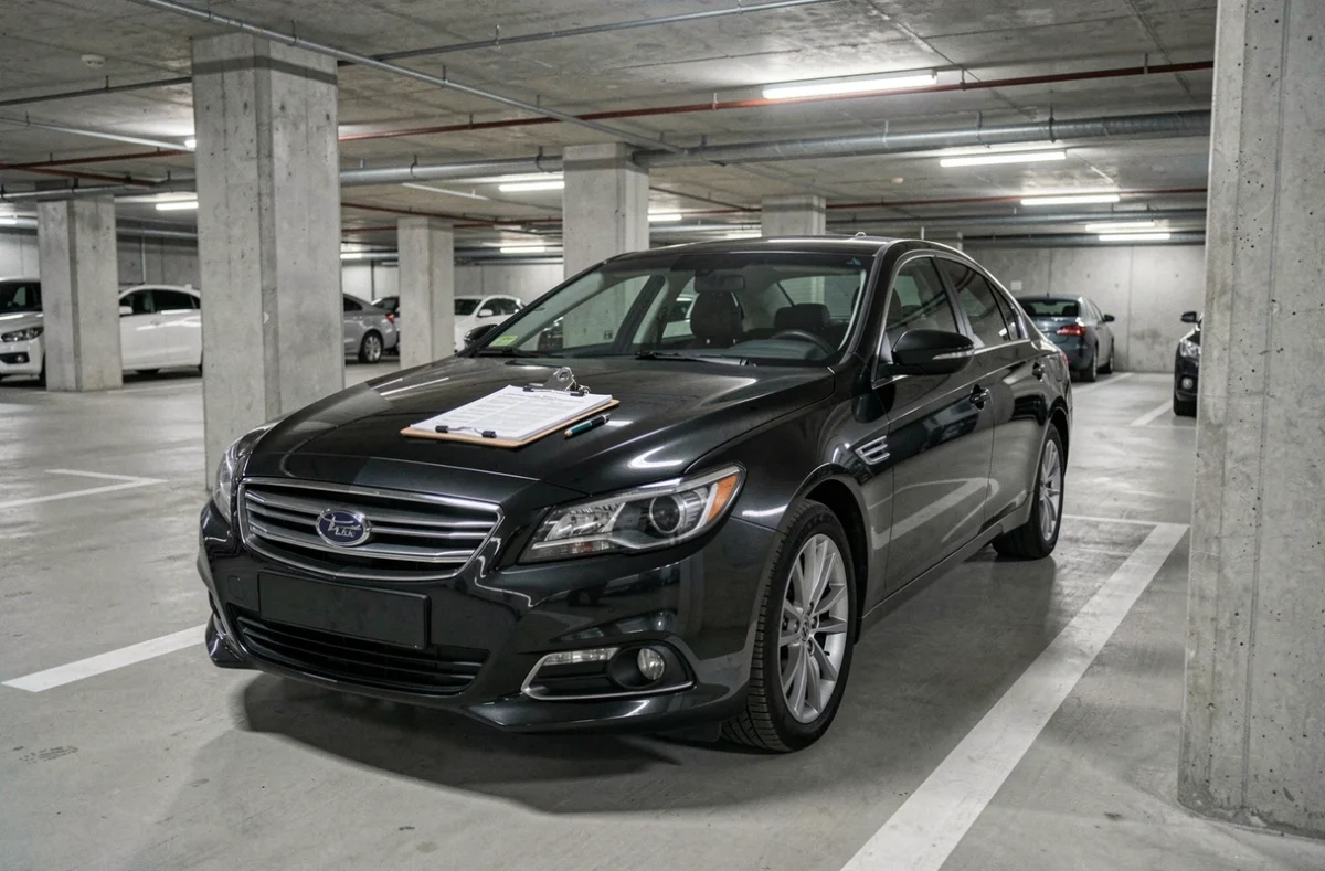 Véhicule de tourisme dans un parking avec documents de calcul d'amortissement fiscal posés sur le capot