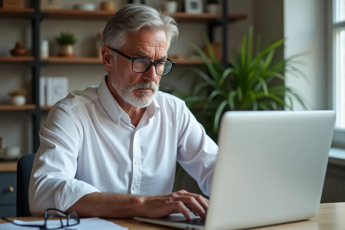Homme vérifiant la fiabilité d'un prêteur privé en ligne depuis son bureau à domicile