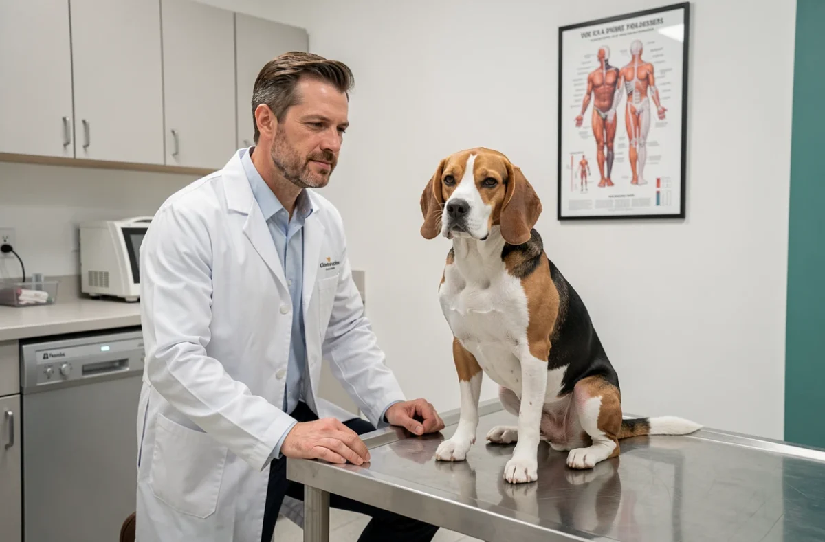 Vétérinaire examinant un beagle en clinique vétérinaire dans le cadre d'une couverture assurance animaux