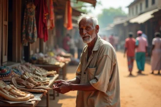 Vieil homme vendant des artisanats au marché en plein air dans un pays sans système de retraite
