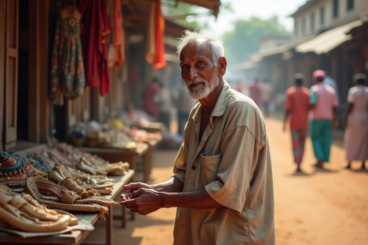 Vieil homme vendant des artisanats au marché en plein air dans un pays sans système de retraite