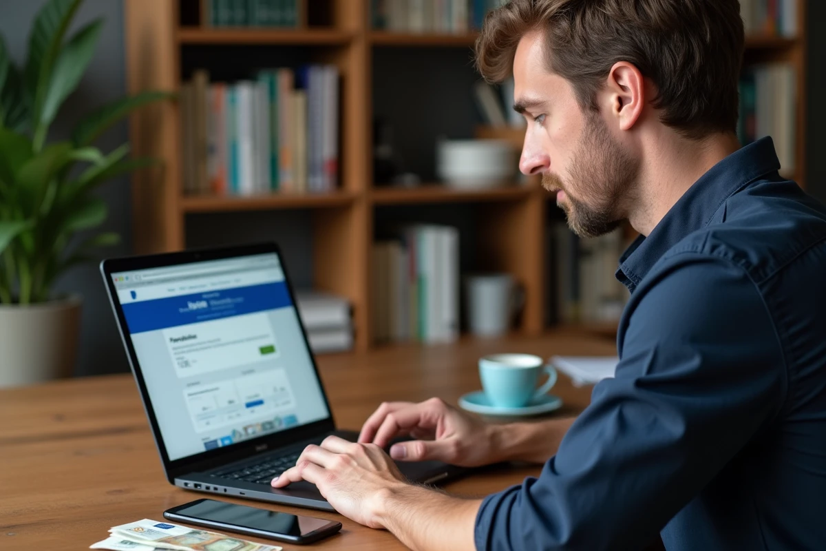 Homme consultant son compte PayPal sur un ordinateur portable pour effectuer un virement vers sa banque et retirer des espèces