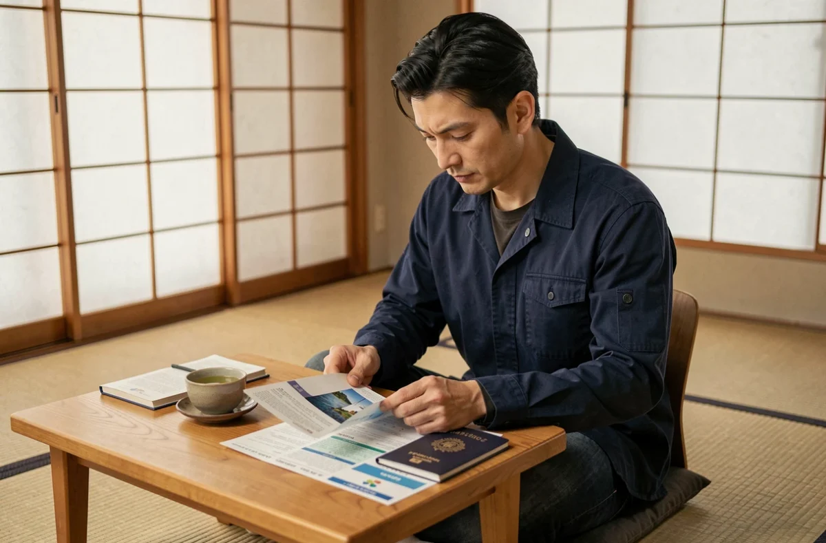 Voyageur vérifiant ses documents d'assurance voyage dans un ryokan traditionnel japonais