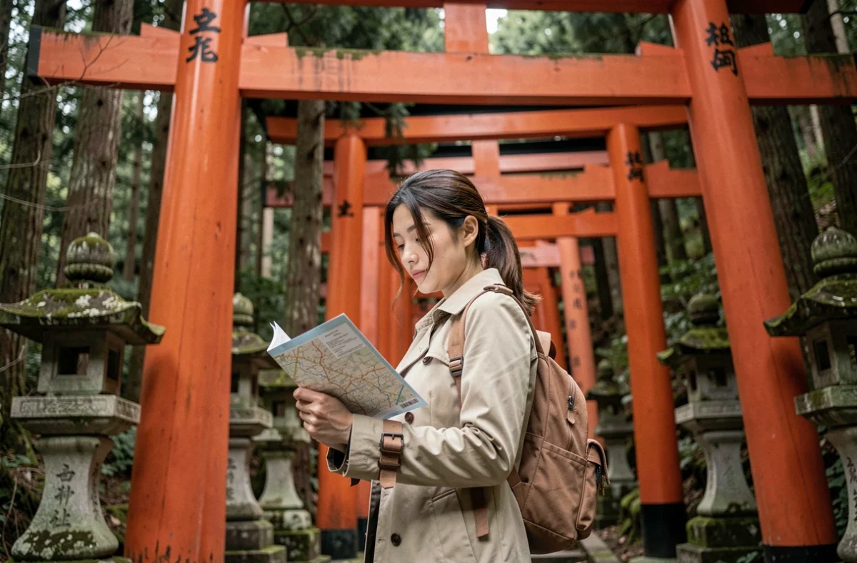 Voyageuse consultant une carte devant les torii rouges du sanctuaire Fushimi Inari à Kyoto, Japon